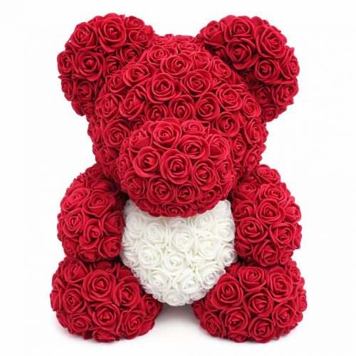 Мишка из роз фуксия с белым сердцем (40 см)