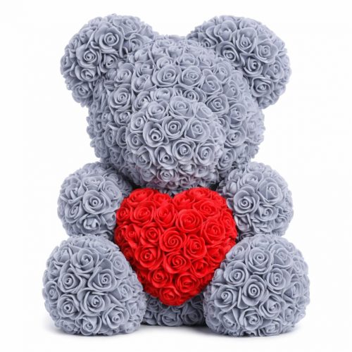 Мишка из роз серый с красным сердцем (40 см)
