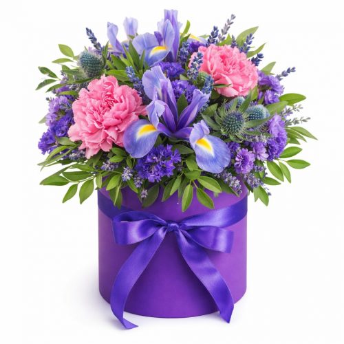 Цветы в шляпной коробке «Лавандовый шарм»